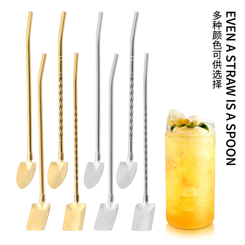 Internet celebridad 304 de acero inoxidable cuchara de paja creativa jugo de café cuchara integrada pala de paja de sandía pala