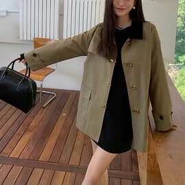 秋季飞机扣短风衣女撞色灯芯绒拼接领短外套上衣源头厂家慵懒风
