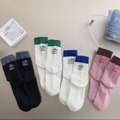 春夏季襪子女ins潮百搭外穿中筒襪日系拼接撞色笑臉長筒襪時尚