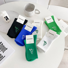 Women's Spring and Summer New Trend Medium Calf Socks, Instagram Japanese Street Style Green Sports Socks with Cartoon Embroidery and Sweat Absorbent Cotton