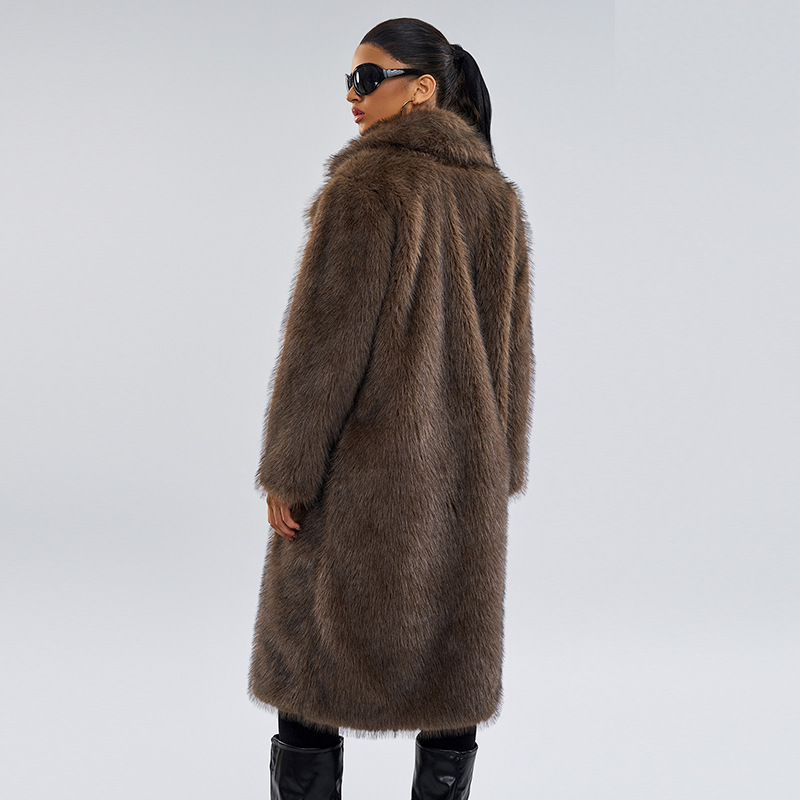 Women's Faux Fox Fur Long Coat – Winter Elegance Jacket With Luxe Collar (Brown, S/M/L/XL/XXL)_voghion.com