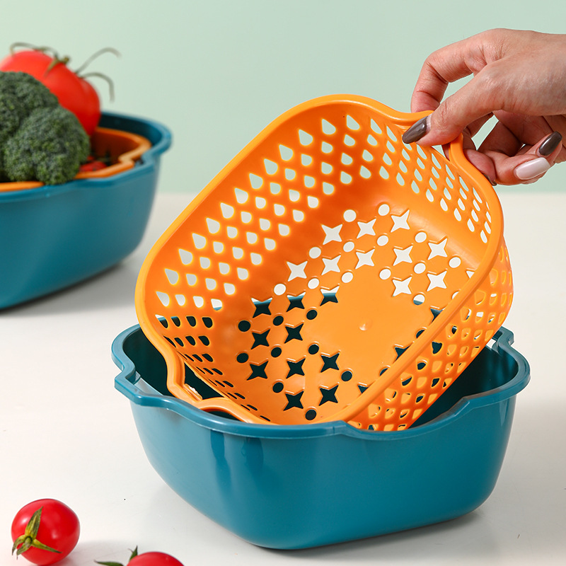 Cesta de drenaje de plástico de doble capa de cocina casera de procesamiento personalizada, cesta multifuncional de lavado de frutas y verduras con logotipo imprimible
