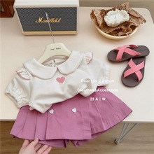 儿童裙套装2024夏季新款韩版女童爱心刺绣短袖粉色半身裙两件套棉