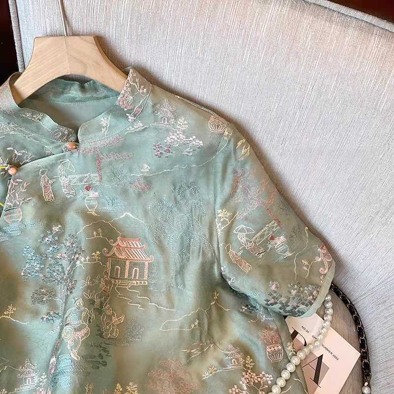 新しい中国風のグリーン刺繍ジャカード半袖シャツ女性の夏のレトロなスタイルのデザイン改良されたチャイナトップ|undefined