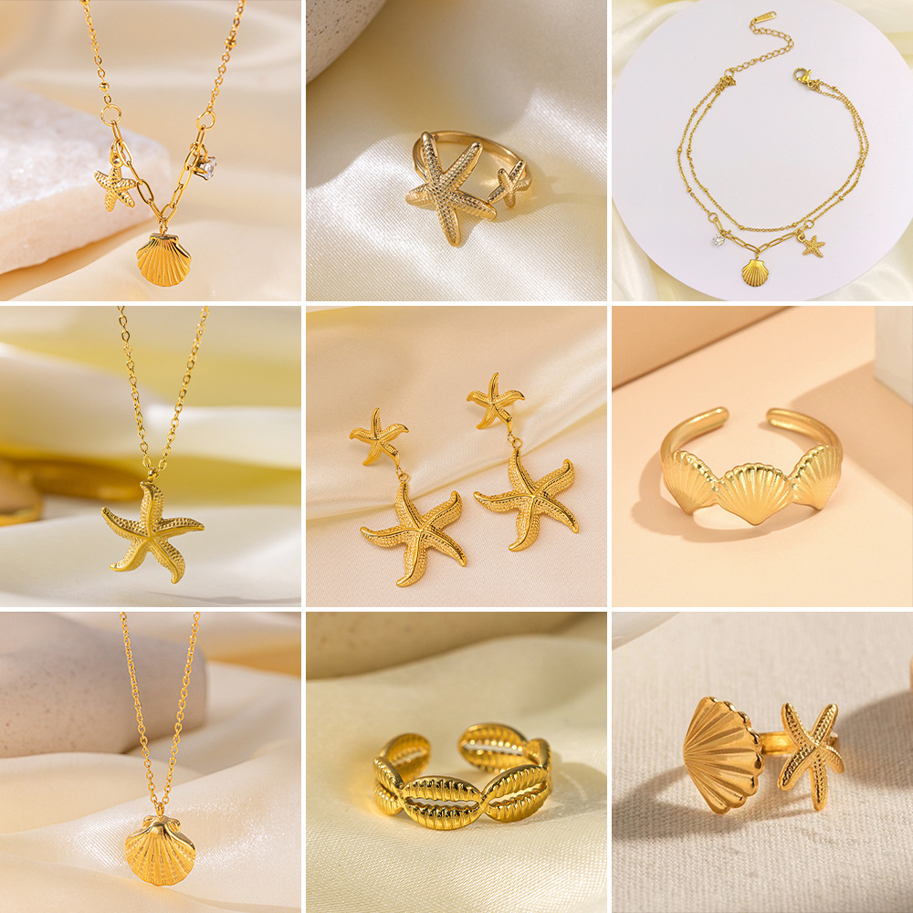 5g Weight 0.03µm-0.05µm Gold Plating Thickness PVD Coated Gold Plating Process Real Gold Plated Plating Material Zircon Inlay Material Rings, Earrings, Necklace Classification cable chain Chain Type Daily Occasion 304 Stainless Steel Material Starfish, Shell Pattern All Seasons Season Women's Gender IG Style, Marine Style Style Waterproof Non Tarnish, Inlay Craft PVD Coated Real Gold Plated 18K Gold Starfish Shell Titanium Steel IG Style Marine Style Waterproof Non Tarnish Rings Earrings Necklace 无