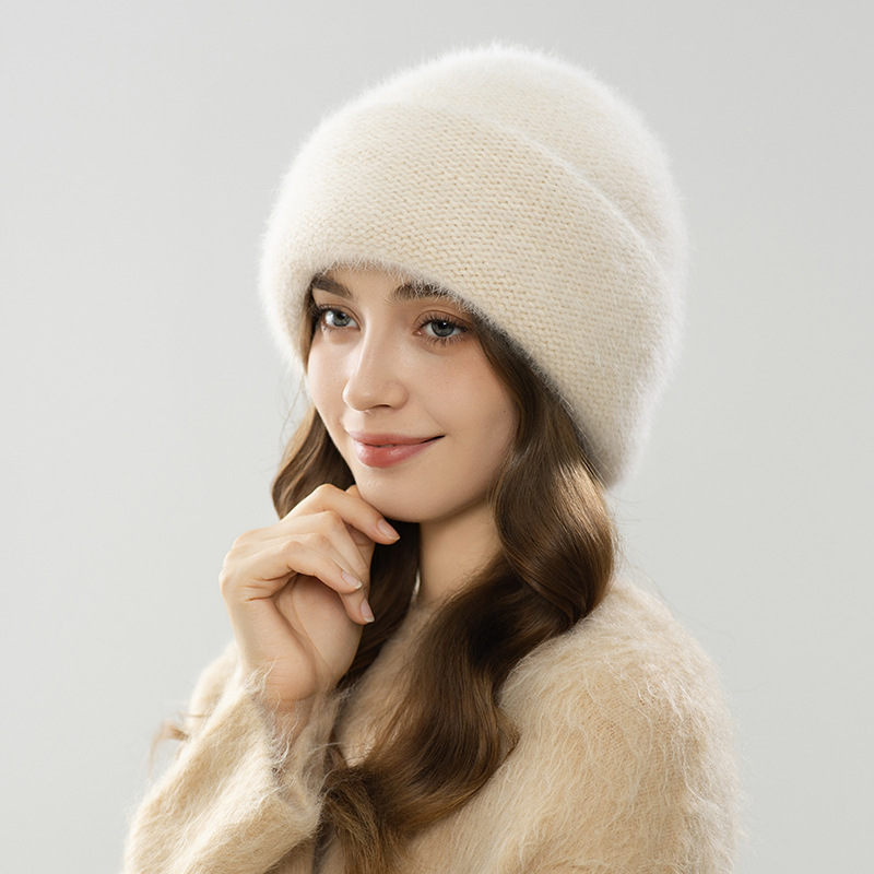 Mũ len beanie nữ dệt kim len thỏ Angora, chu vi vòng đầu lớn, giữ ấm mùa đông — màu be