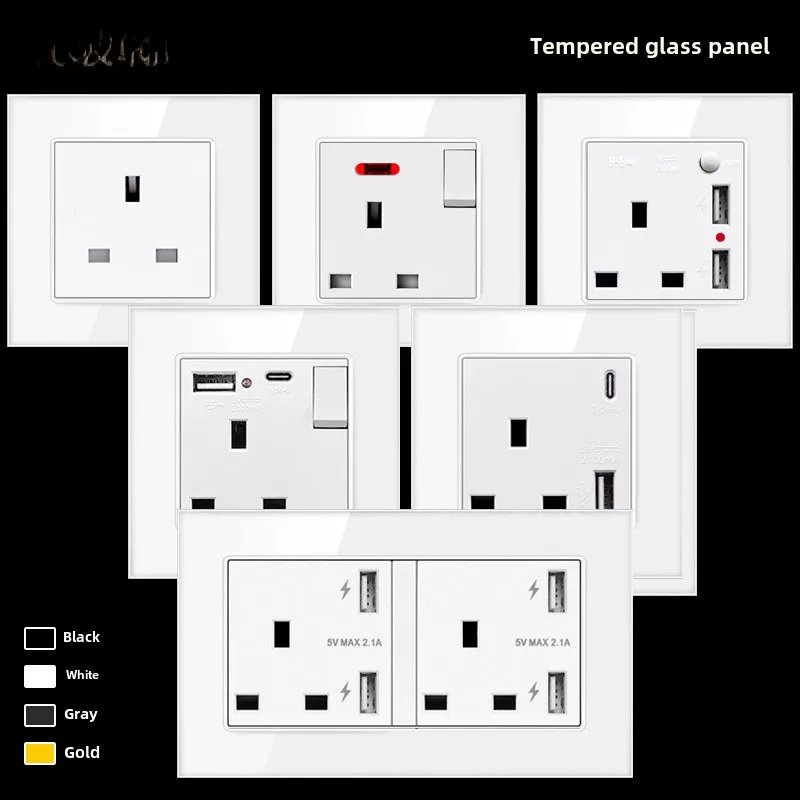 Glass white British standard switch socket panel Hong Kong and Macao dual-connected USB+typeC socket British concealed 86 type