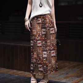 26早春新款法式复古印花A字裙摆人丝提花工艺一片式开叉半身裙01