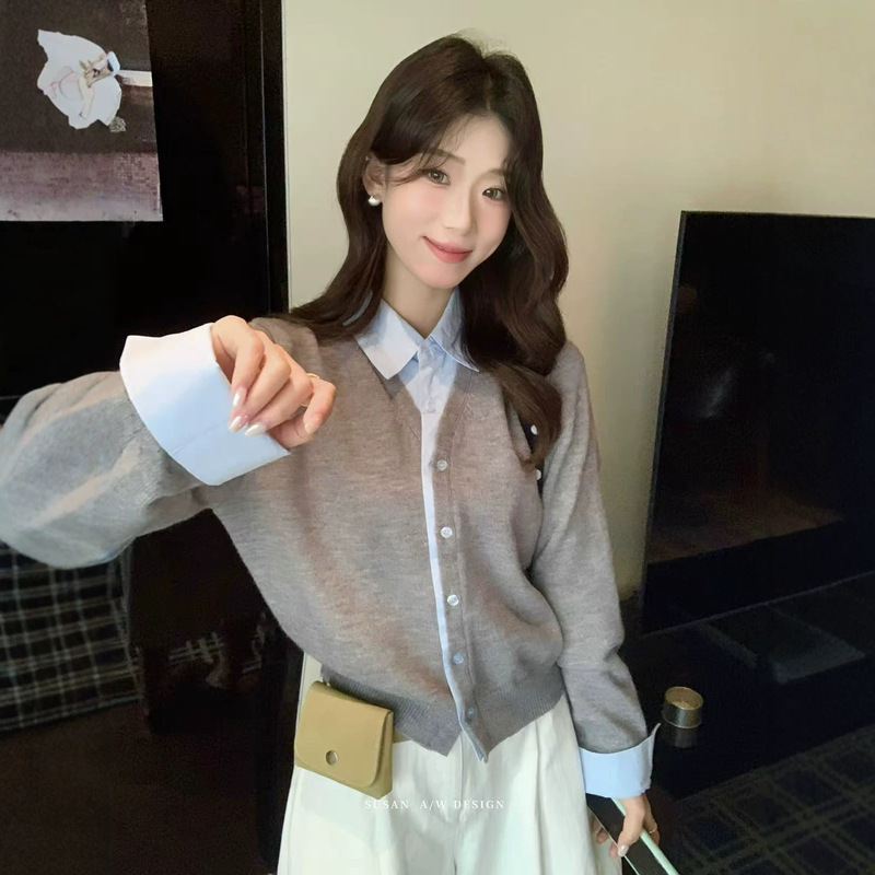 SUSAN Lazy Early Autumn Vibe Faux Two-Piece Shirt with Collar Patchwork, Versatile Commute Knit Cardigan SUSAN Lazy Early Autumn Vibe Faux Two-Piece Shirt with Collar Patchwork, Versatile Commute Knit Cardigan