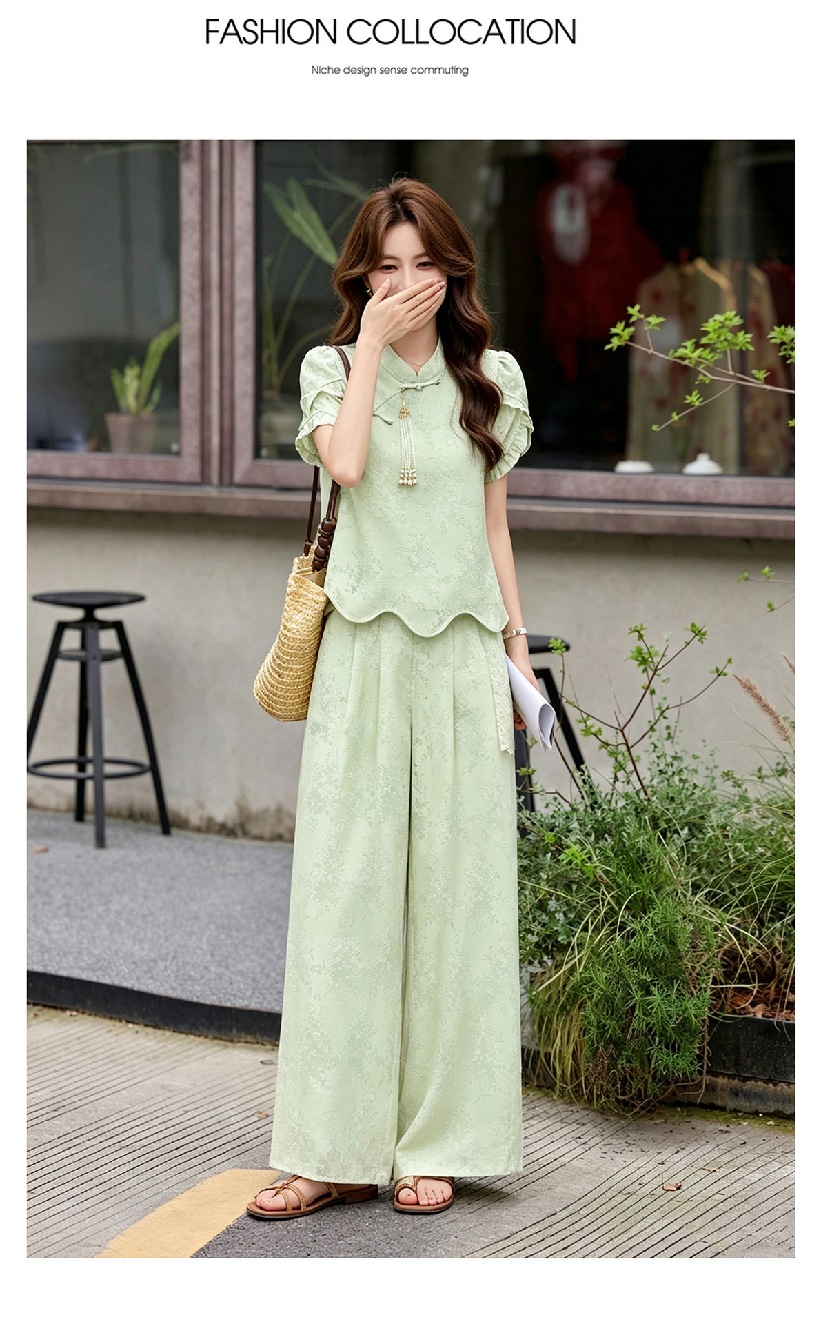 Bộ áo sơ mi họa tiết jacquard kết hợp quần ống rộng cạp thun hai mảnh thời trang — Vàng kem, xanh lá cây chi tiết 15