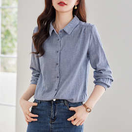 韩范文艺小清新衬衫竖条纹宽松棉牛津纺通勤衬衫女长袖打底衫内搭