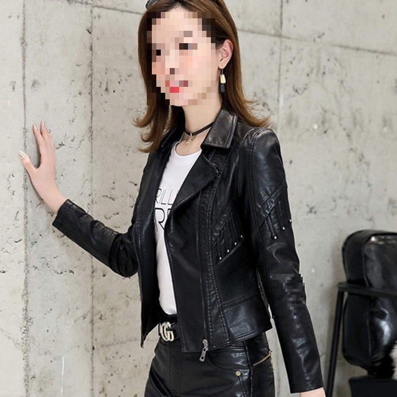 春秋冬时尚高腰皮衣女短款外套休闲翻领修身显瘦机车皮夹克