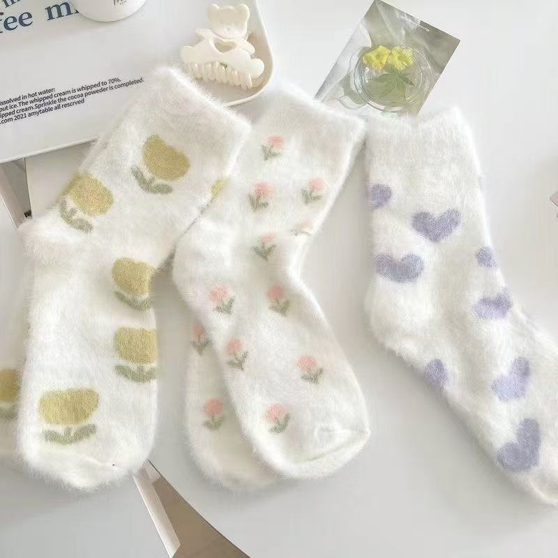 Plush Socks with a Stepping-On-Poop Sensation for Women, Cute and Thickened for Winter Warmth, Mink Velvet Home Floor Mink Velvet Mid-Tube Socks