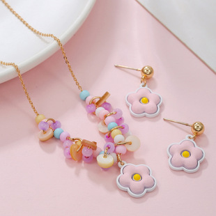 South Korea small fresh alloy spray paint five petal flower necklace earrings suit cute bear butterfly children princess color
