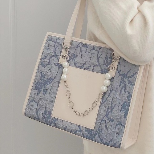 Summer bags for women, personalized sea salt blue jacquard tote bag, high-end large-capacity commuting shoulder bag for women