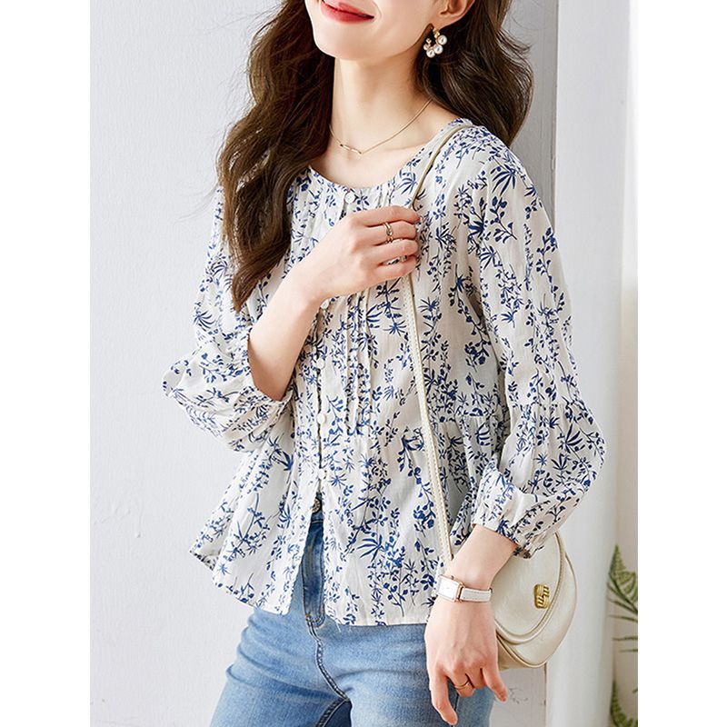 Directo de fábrica azul pequeña flor Camisa de algodón de las mujeres de manga tres cuartos verano nuevo floral elegante camisa joven top