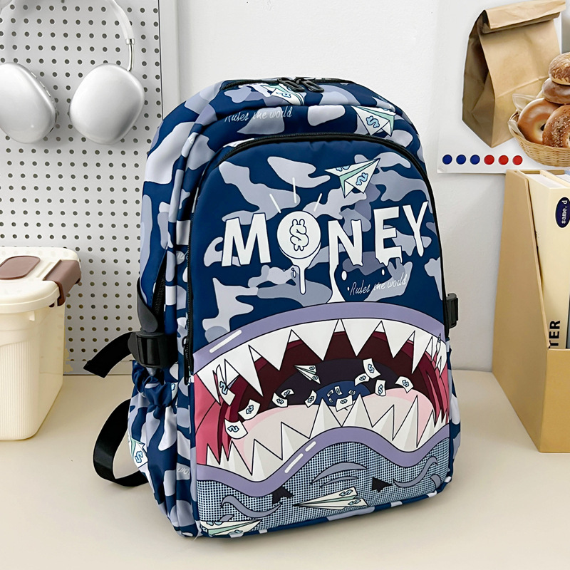 New double-layer colorful shark-themed lightweight student backpack with large capacity, featuring a printed design, a unique and fashionable cartoon style