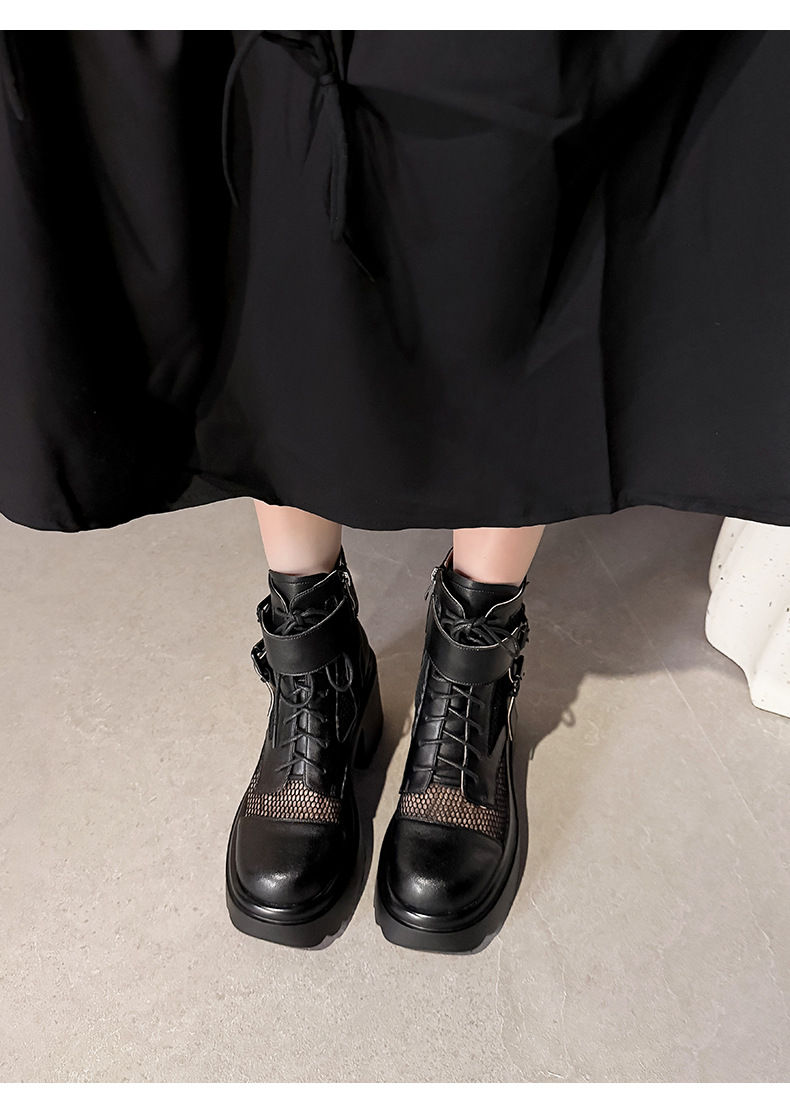 Boot nữ cao gót lưới xuyên thấu phong cách biker, gót thô 9 cm, thoáng khí — màu đen, màu trắng chi tiết 18