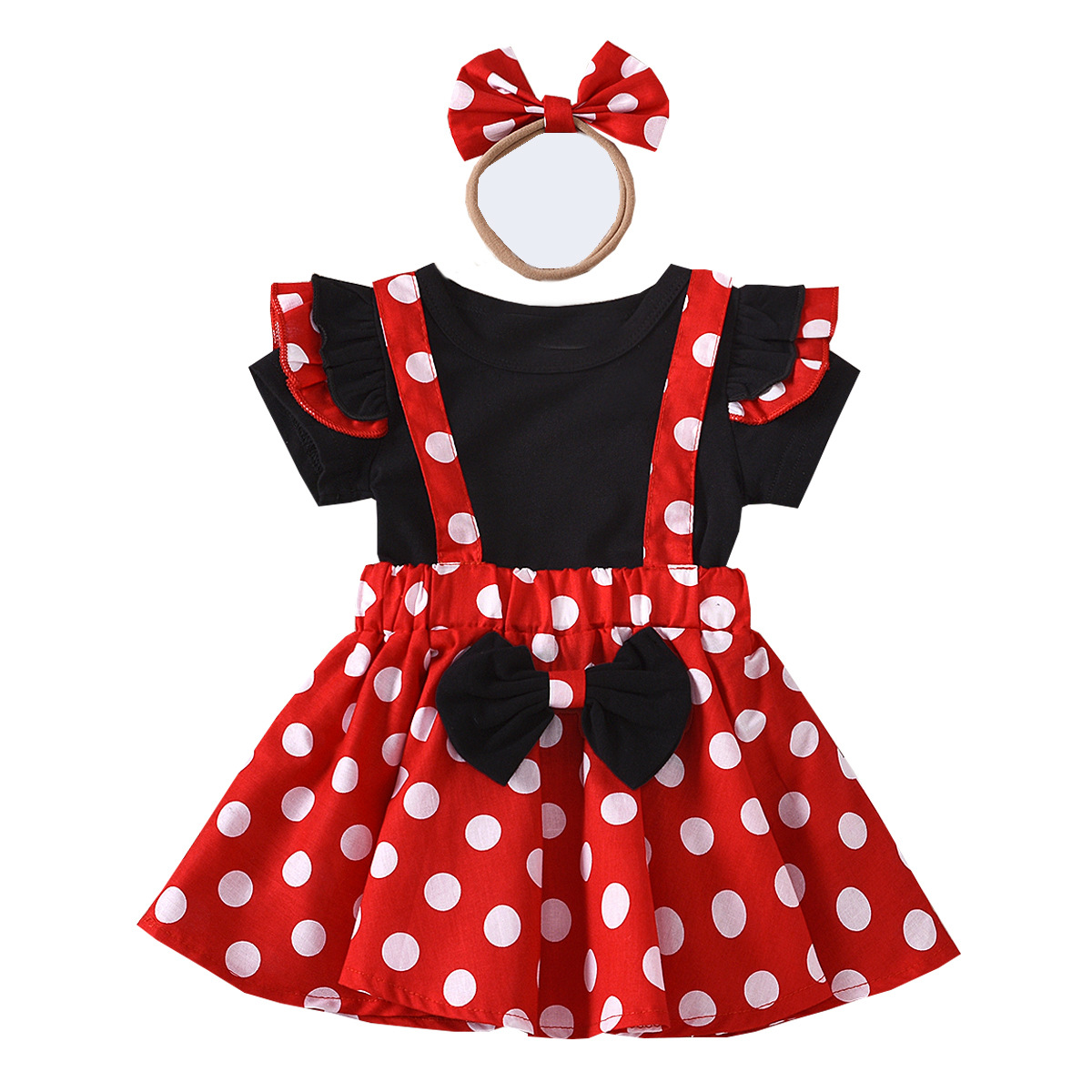 2023 Summer New Girl's Short-sleeved Small Fly-sleeved Dot Strap Dress Bow Headband Three-piece Set ins Fashion