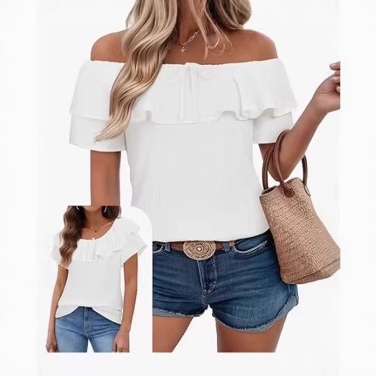 Amazon Women's Off-Shoulder Top, One-Shoulder Blouse, Casual Ruched Short Sleeve Shirt, Chiffon Summer Vacation Outfit