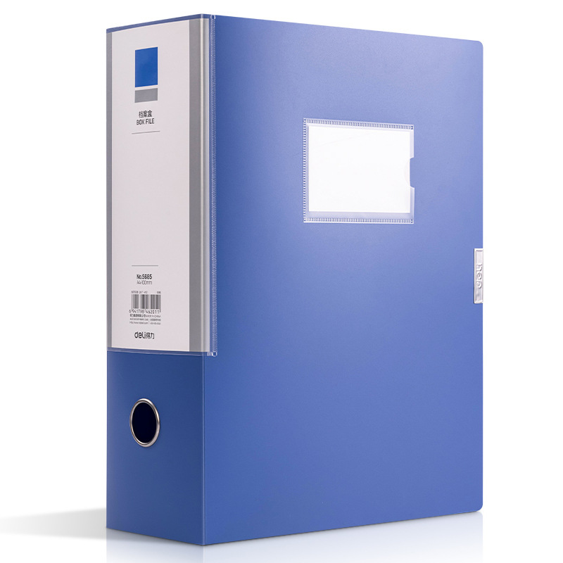 Déli5685 caja de archivo de 100 mm tipo fijación azul A4 almacenamiento de archivos de plástico caja de datos de gran capacidad al por mayor