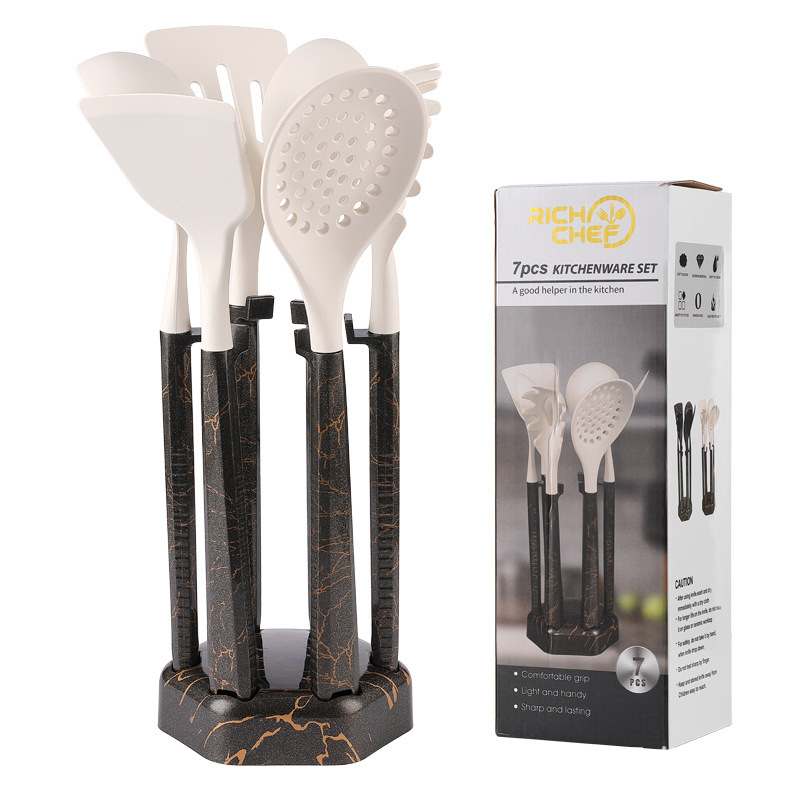 Juego de utensilios de cocina de pala de silicona con patrón de piedra de imitación transfronteriza con mango pp de almacenamiento, fabricante de cuchara de sopa de silicona de grado alimenticio