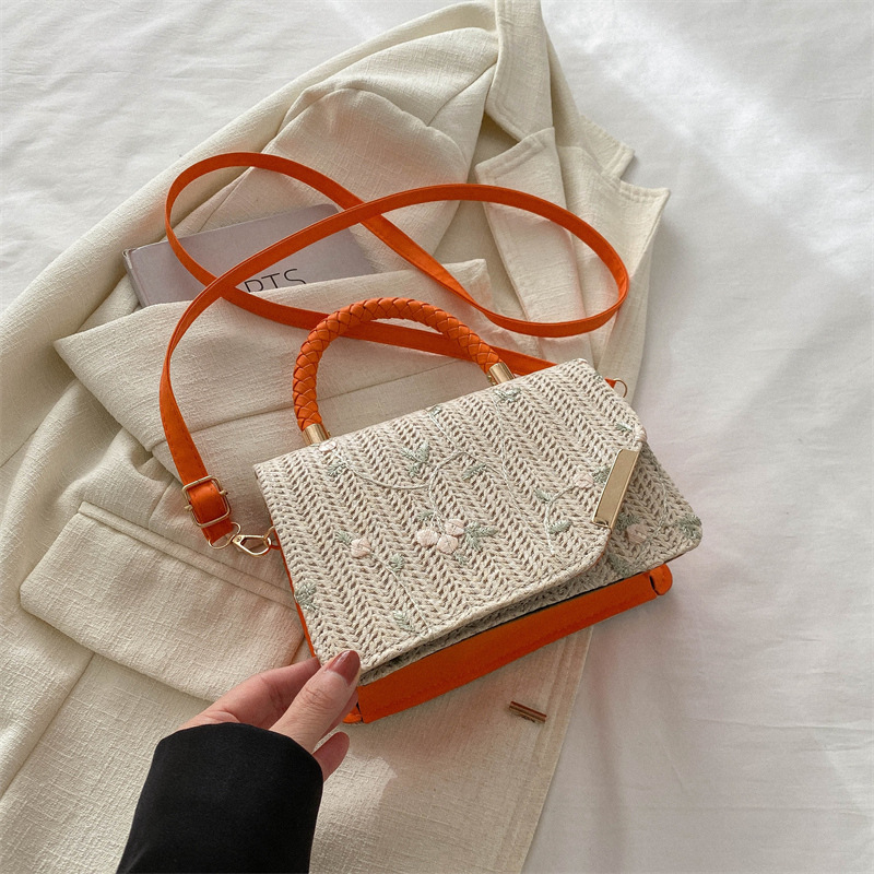 Diseño de nicho de alta sensación de tejido pequeño bolso cuadrado para mujeres 2024 nueva moda de paja bordada mochila de hombro