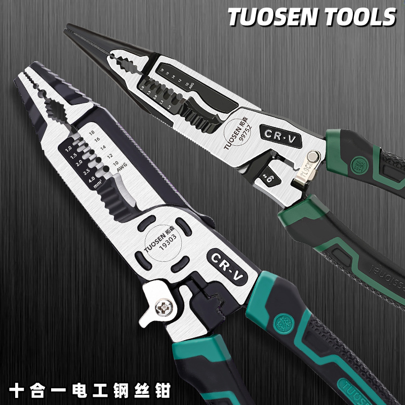 Tuosen's Electrician's Pliers10-in-1 Multi-functional Wire Stripping Pliers Labor-saving Wire Pliers Wire Stripping Sharp-nose Pliers