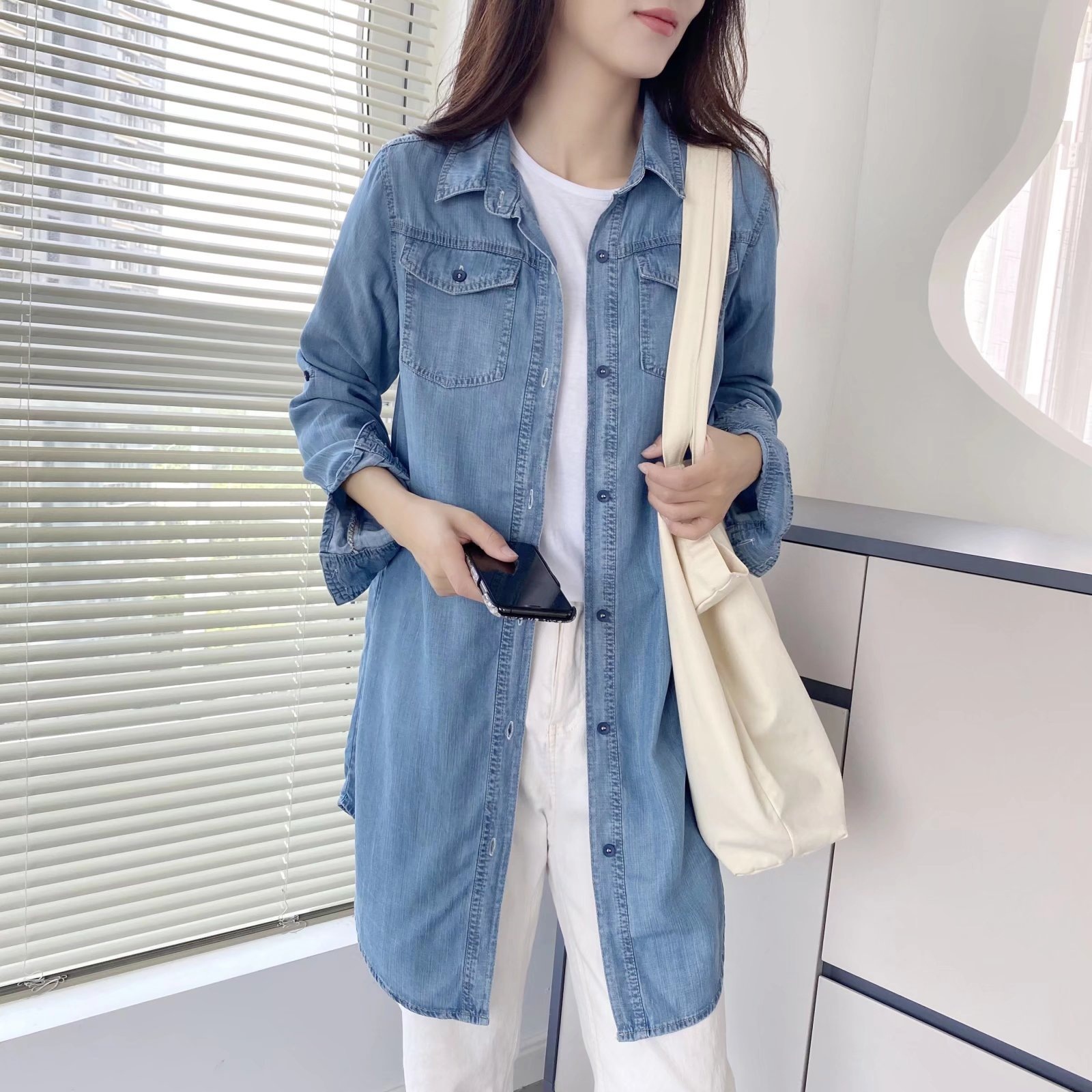 ​​Women’s Tencel Denim Shirt – Upgraded Breathable Long Sleeve Blouse (Light/Dark Blue, M-XXXL)​​_mkmklike.com