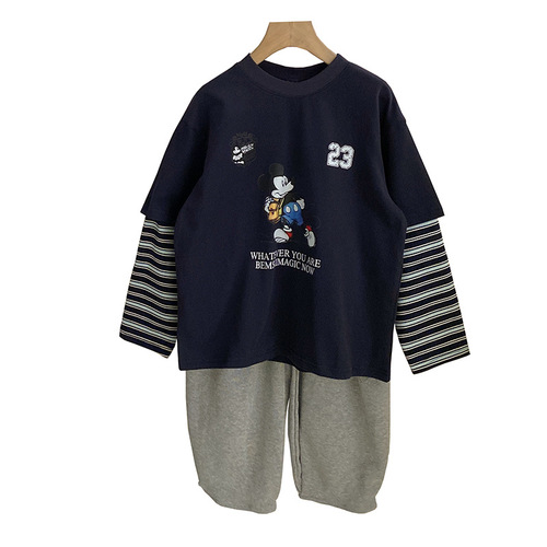 Korean-style girls' printed cartoon patchwork striped top 2025 solid color versatile ankle-cuffed casual sweatpants two-piece set trendy