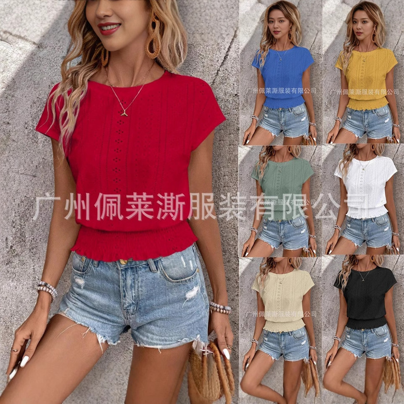 2026 Spring/Summer Amazon Jacquard Solid Color Round Neck Ruched Hollow Out Batwing Short Sleeve T-Shirt Commuter Batwing Sleeve
