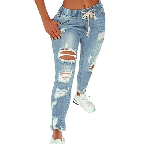 Women's High-Waisted Stretch Jeans with Frayed Hems and Lacing