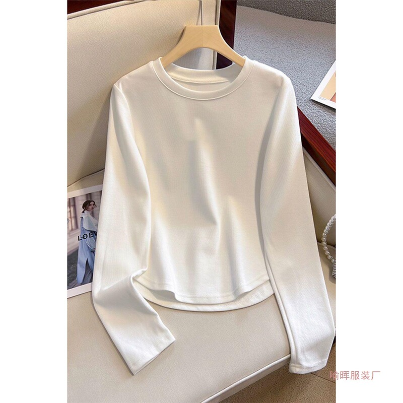 White Regular Shoulder Long-Sleeve T-Shirt for Women, 2026 Early New Model, Irregular Hem Curved Base Shirt, Short Top, Ins Style