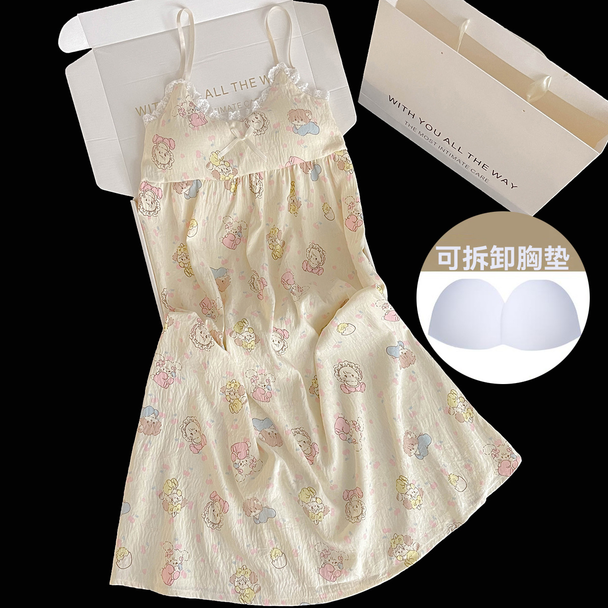 2026 vestido de pijama de mujer de verano cojín de pecho desmontable coreano encantador dibujos animados ropa doméstica de niña de verano en vivo