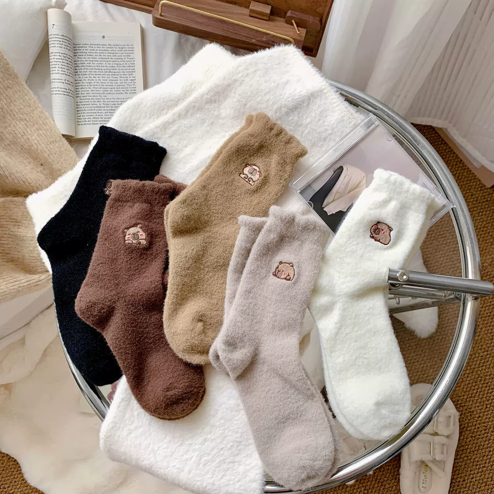 Keep warm Japanese knee socks for pregnant with bow, mid-length, with embroidery
