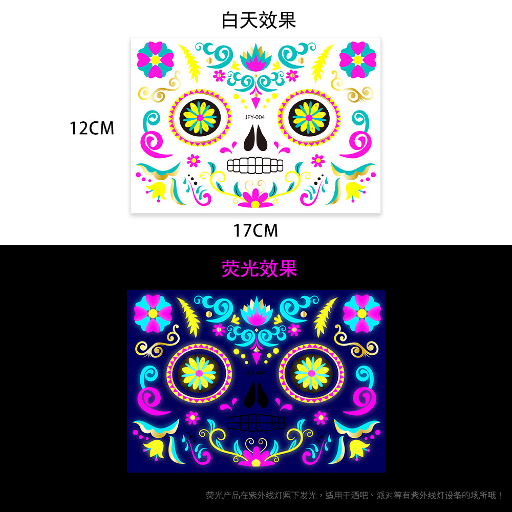 Tatuajes Temporales Metalizados para Cara de Papel de Transferencia de Agua, Fluorescente para Fiesta de Halloween
