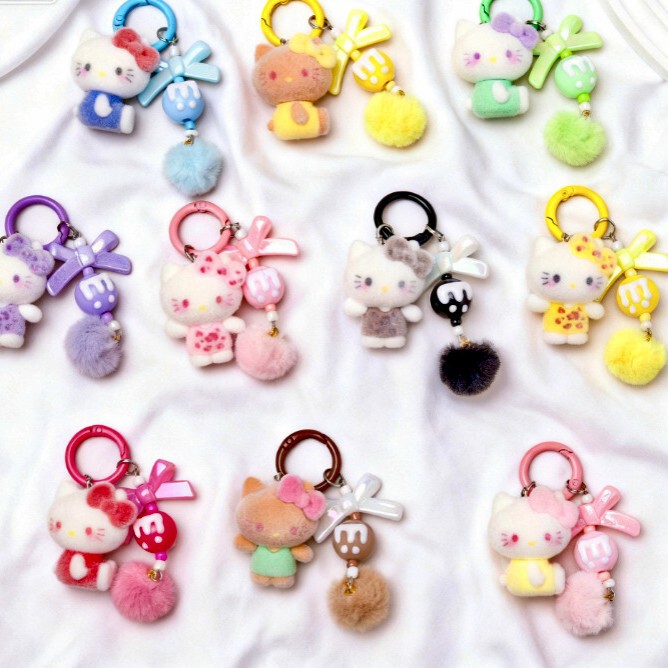 Flocked Cartoon Kt Cat Keychain DIY Beaded Pen Mobile Phone Chain Car Hanging Bag Chain Live Broadcast Stall Night Market