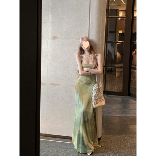 Vintage Tie-Dye Sexy Strappy Dress for Women Summer Beach Vacation Long Dress Elegant Waist Cinching Slimming Bustier Skirt