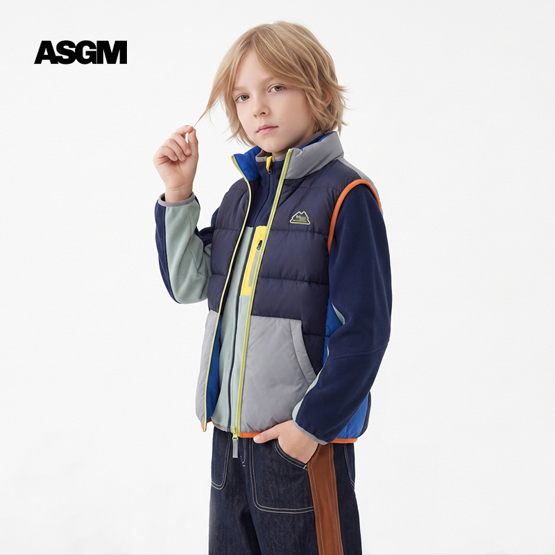 ASGM children's clothing, children's workwear style down vest for boys, color-blocking, water-repellent, thickened, suitable for outdoor wear in autumn and winter, warm jacket