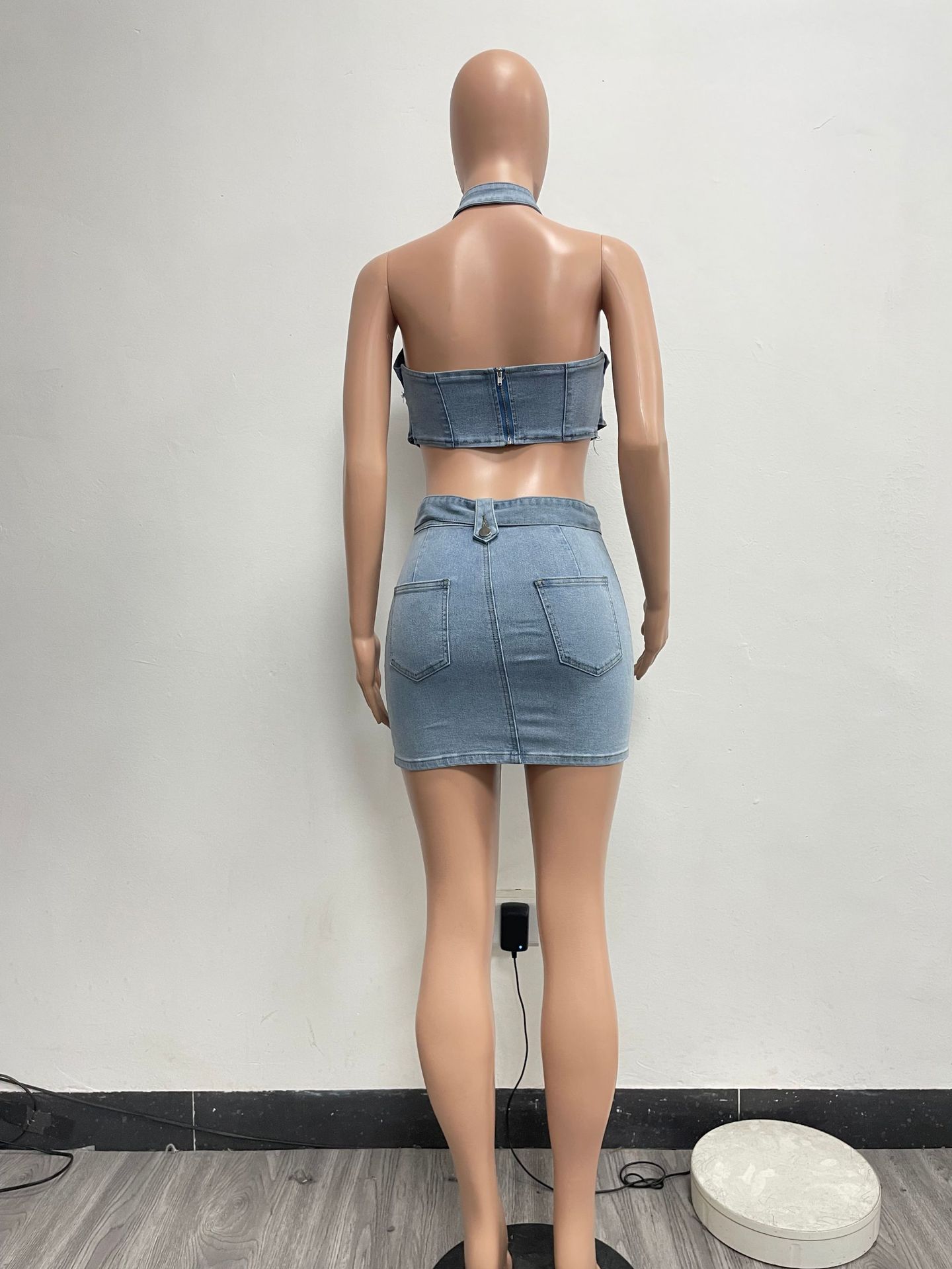 Washed Stretch Denim Halter Zipper Sexy Casual Skirt Set