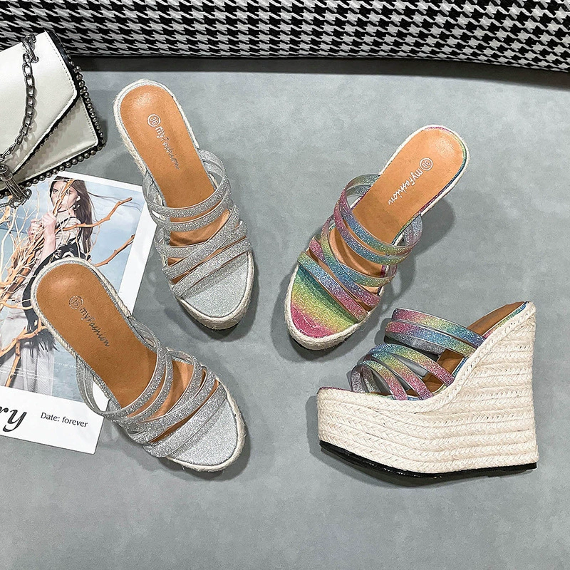 AliExpress Европейская и американская танкетка 2021 летняя модель подиума 16 см однословный крест на платформе туфли из Соломенной Плетеной пеньковой веревки на подошве