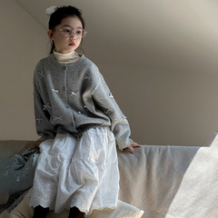 女童春秋季针织开衫上衣2025新款套装蝴蝶结韩系圆领开衫中大童