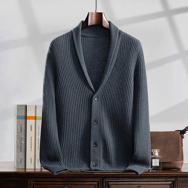 秋の新商品100% 純山のカシミヤの男性の青い果実の襟は厚いカーディガンのビジネスのレジャーのニットの底のシャツのオーバー|undefined