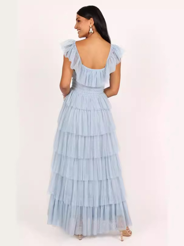 Nuevo traje europeo y americano transfronterizo de mujer TUL azul volantes fiesta vestido largo sexy