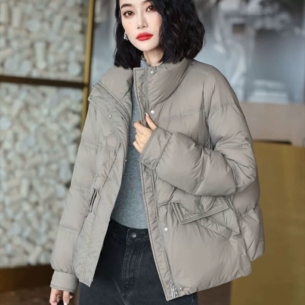 Короткий пуховик, женская зимняя новая тонкая корейская мода, теплая куртка в западном стиле с вертикальным воротником, Европейский белый утиный пух