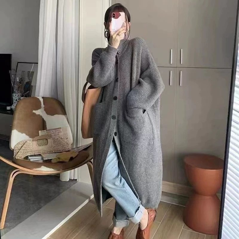 Корейский стиль, ленивый стиль, вязаный кардиган средней длины для женщин, осень-зима 2025, утепленный универсальный свитер-жакет оптом