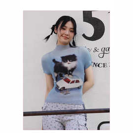 定制款2025新款三宅褶皱T恤女夏季甜酷个性印花时尚显瘦短袖上衣
