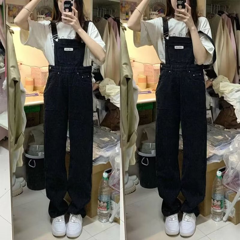 2024 Women's Winter New Korean Long Pants High Waist Wide Leg Jumpsuit Loose Denim Thin Overalls