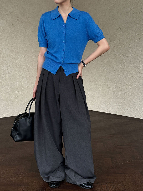 鹿西 刺繍入りポロ襟ニット半袖トップス レディース 秋新作 ウエストシェイプ 細見え 高級感トップス ss738|undefined