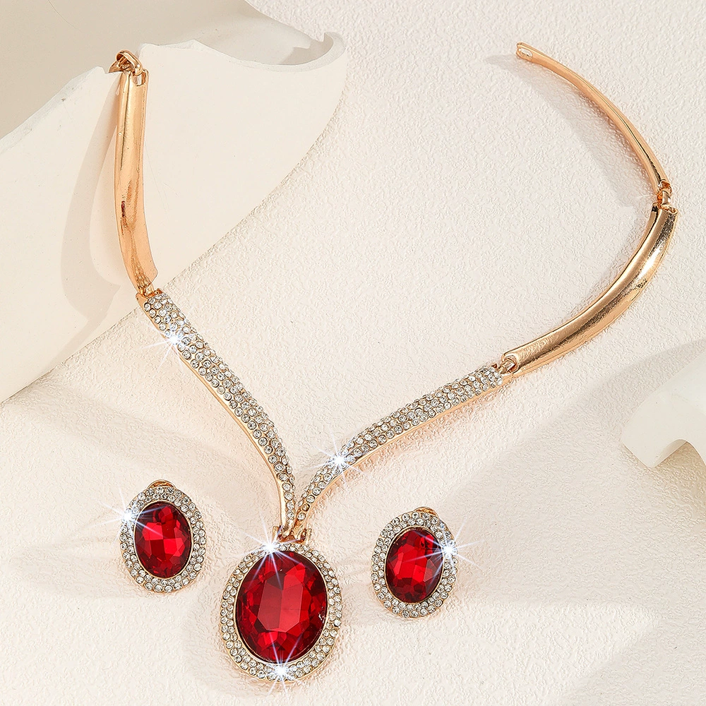 Golden metal white stone inlay, red crystal necklace, necklace and earrings, set, accessory, European style
